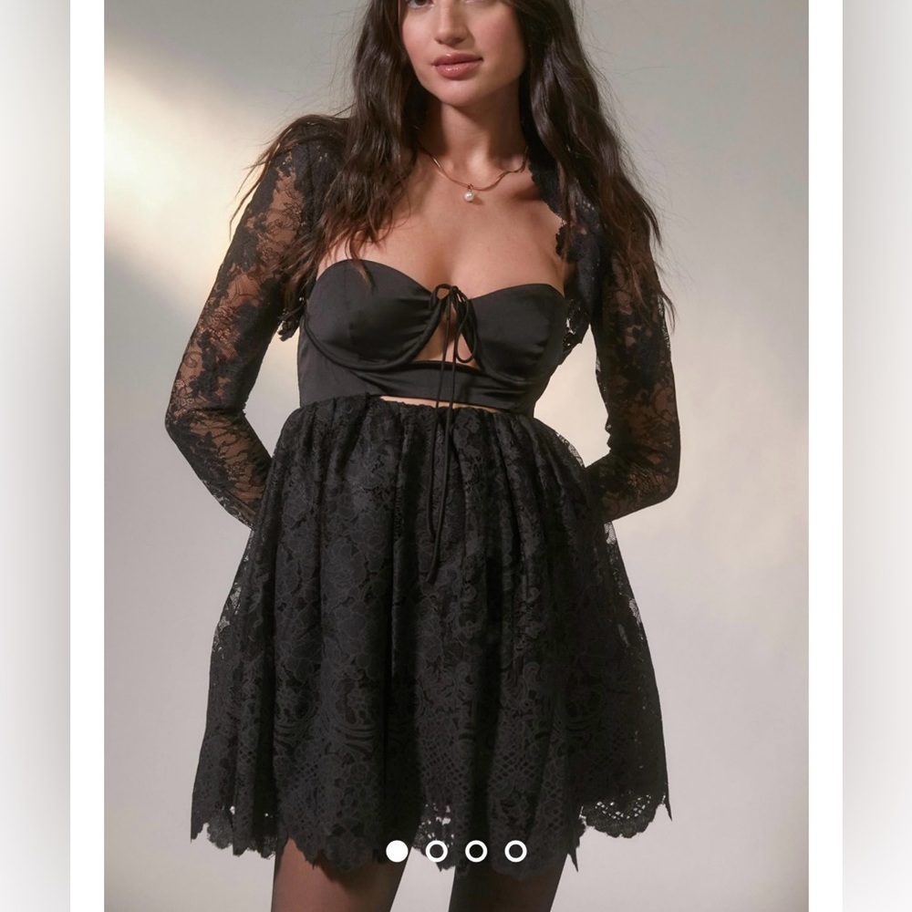 For Love & Lemons Regina Mini Dress Black Satin & Lace Removable Bolero & Gloves